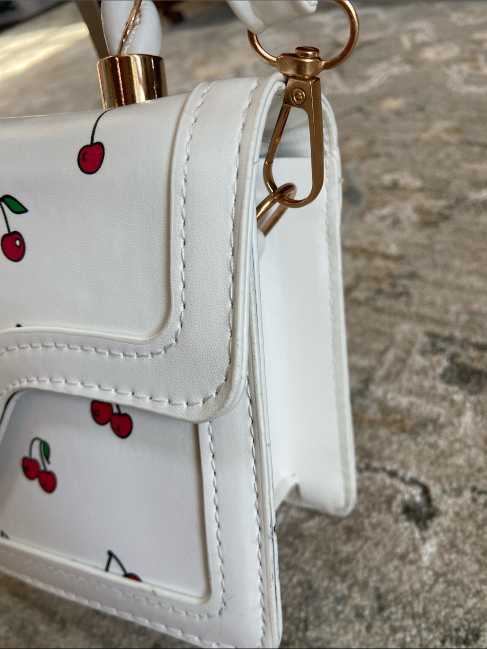 White Cherry Print Mini Crossbody Bag with Top Handle and Turn Lock Hardware - Picture 3 of 12
